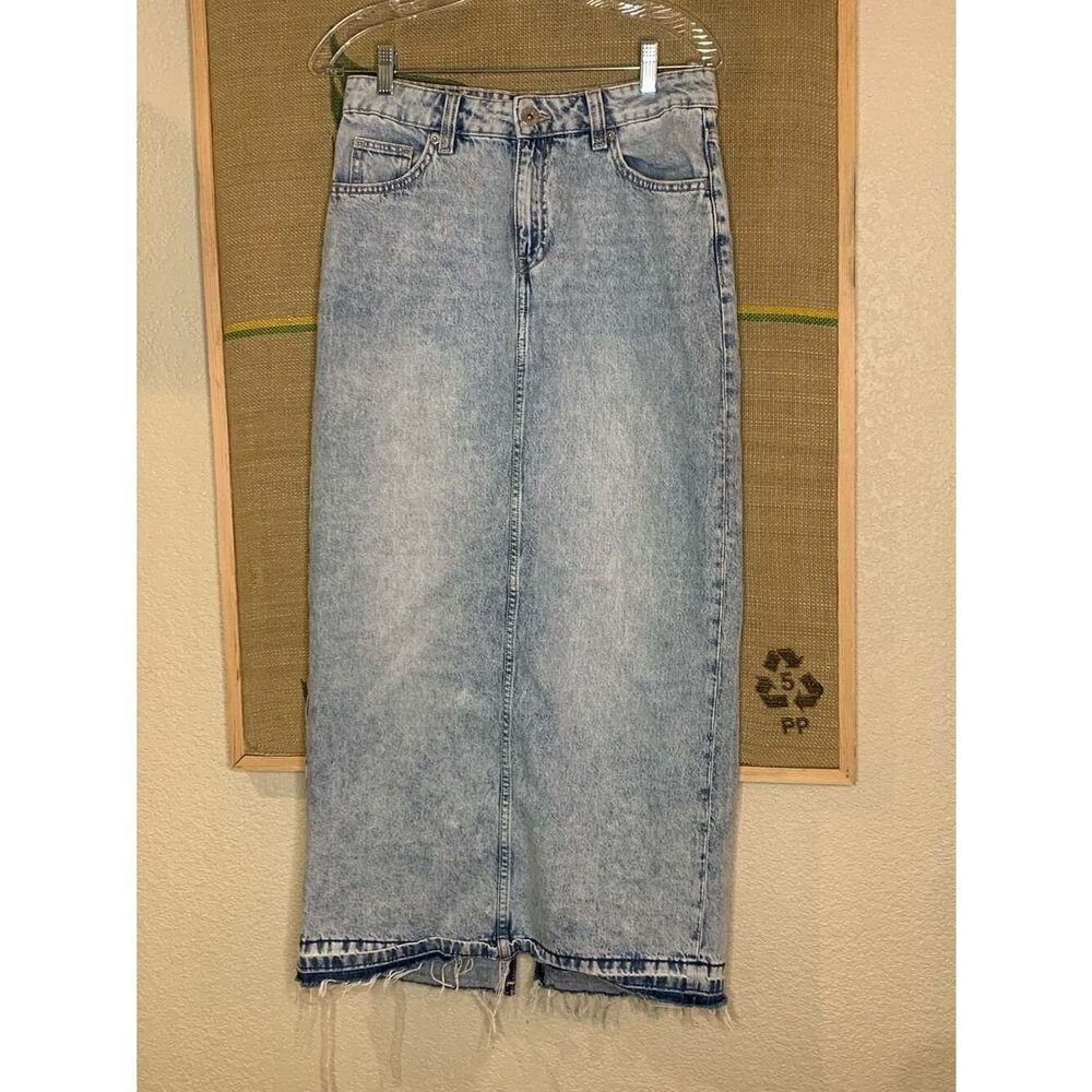 H&M Divided High Waisted Acid Wash Denim Maxi Skirt with Raw Hem